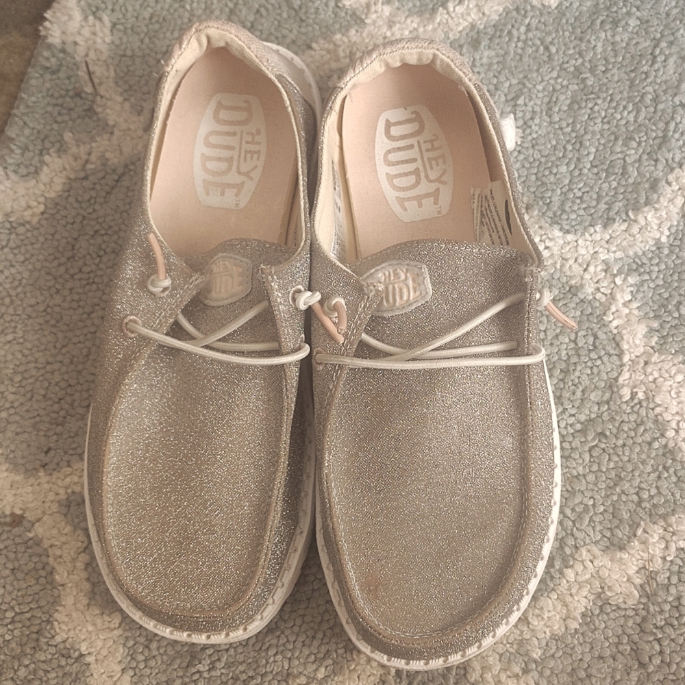 Hey Dude Silver Sparkle Sneakers Size W6D Like New Been Worn Once Or Twice.